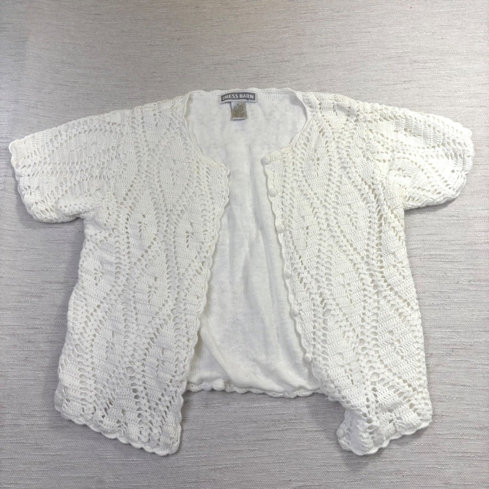 Vintage Dress Barn Ivory Crochet Knit Cardigan‎ Short Sleeve Ramie Cotton Butter